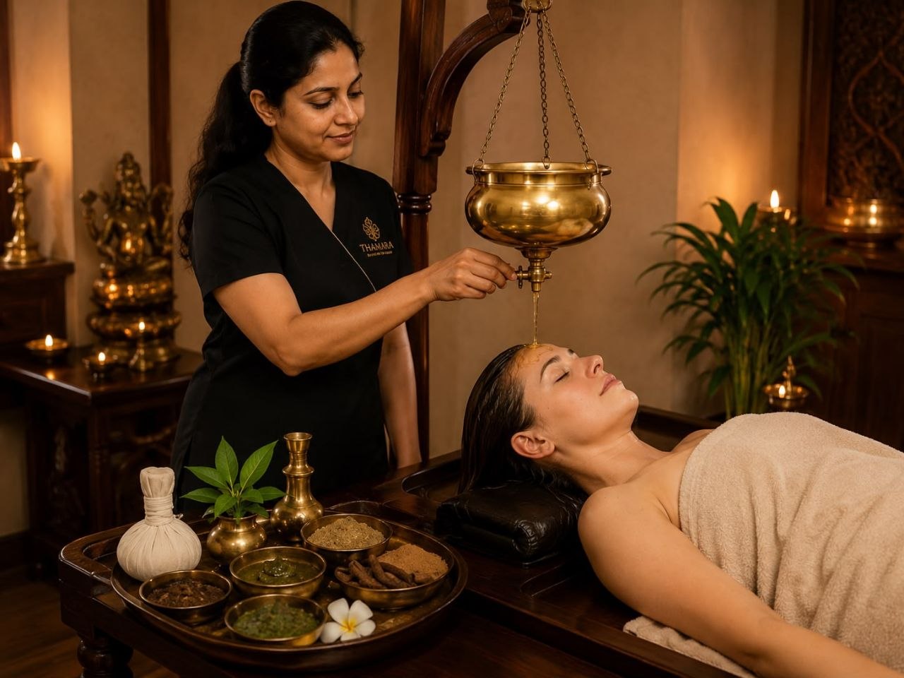 Traditional Ayurvedic leg and foot massage therapy in progress