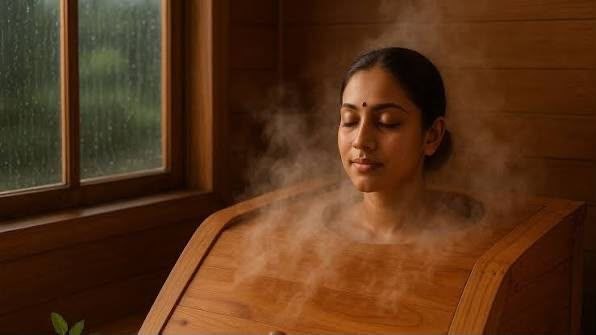 Ayurvedic treatment room styled with a flower petal design on the therapy bed