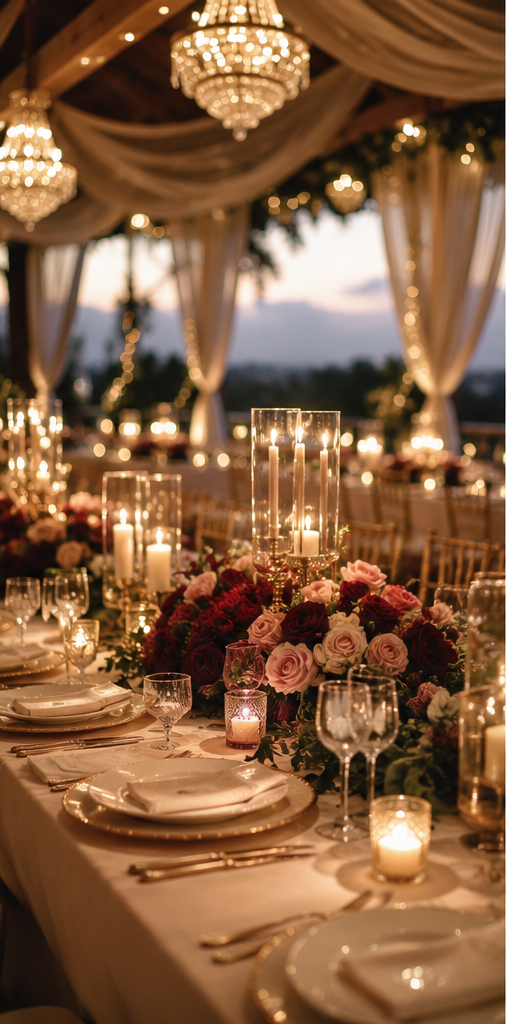 Luxury candlelit wedding table with chandeliers, burgundy flowers and champagne-gold details