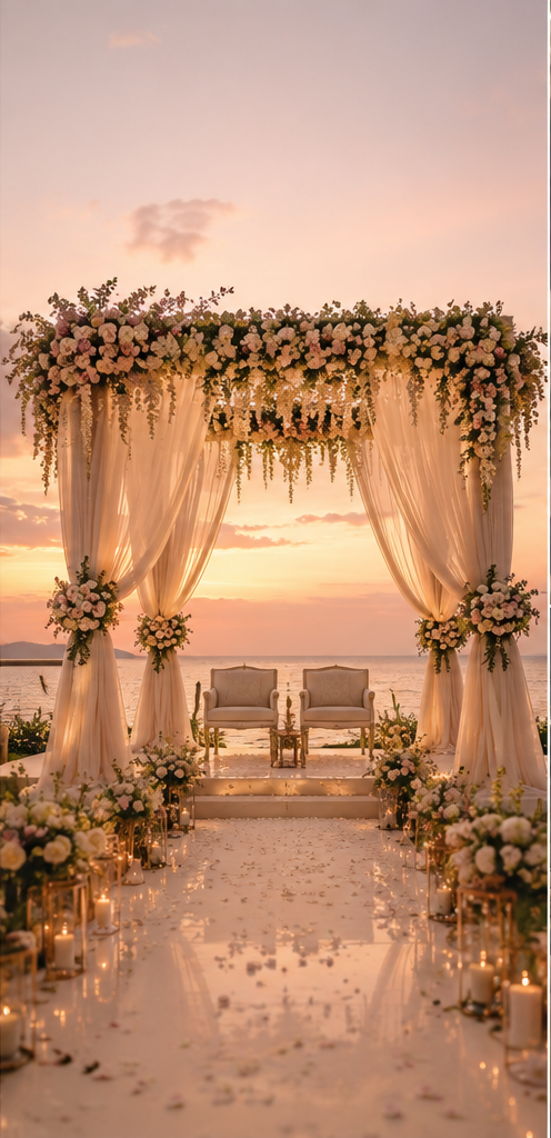 Destination wedding ceremony arch by the sea at sunset with ivory draping and flowers