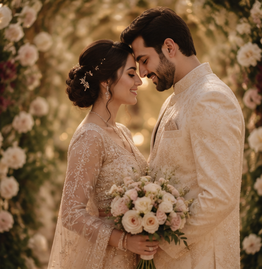 Bride and groom portrait under a floral arch in soft golden light