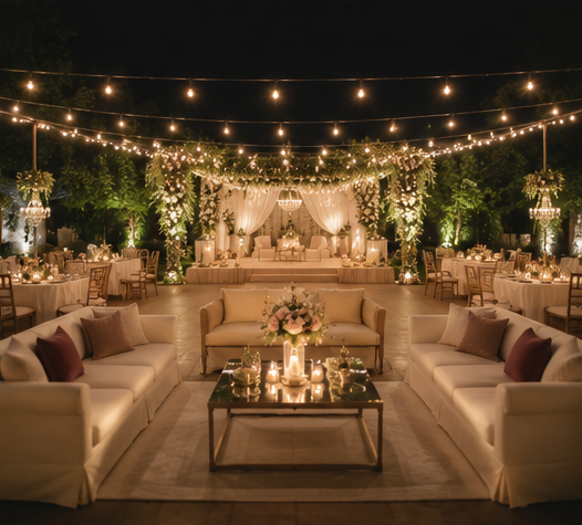 Outdoor wedding lounge and reception with warm string lights, candles and floral decor